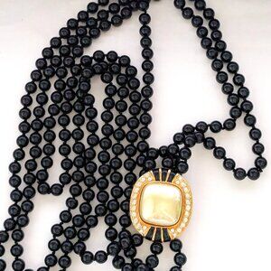 Vintage Heavy Glass Black Beaded Knotted Rhinestone Pendant 3 Strand Necklace